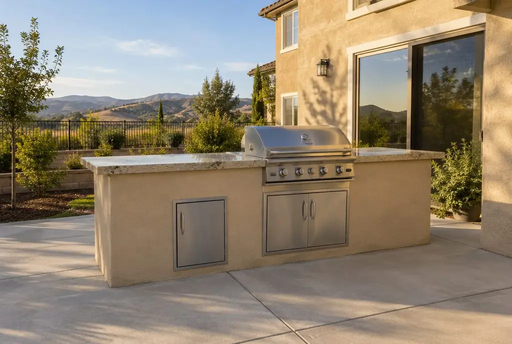 Illustration: a straight stucco BBQ island with a stainless built-in grill and a granite countertop on a Santa Clarita patio