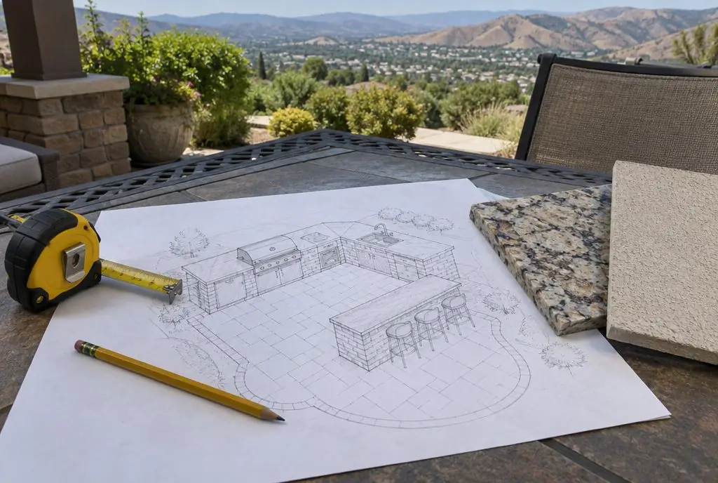 Illustration: a hand-drawn outdoor kitchen plan with grill, sink and bar zones laid over a backyard patio sketch, tape measure beside it